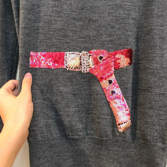 Markus Lupfer 100% Merino Wool Sequin Flamingo Crew Neck Grey Graphic Sweater XS - Picture 3 of 9